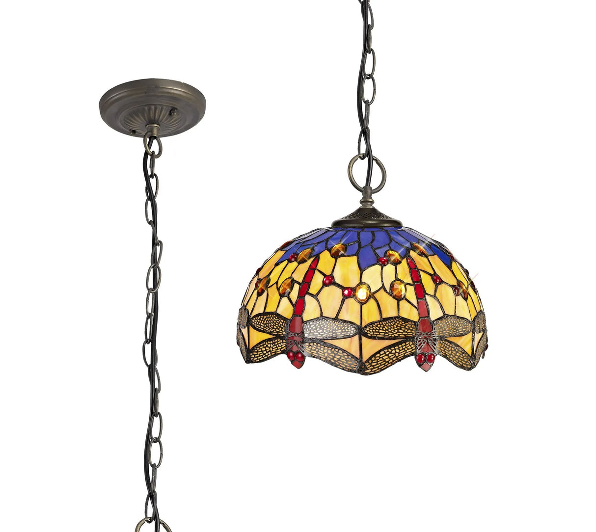 Hinnigan 3 Light Downlighter Pendant E27 With 30cm Tiffany Shade, Blue/Orange/Crystal/Aged Antique Brass
