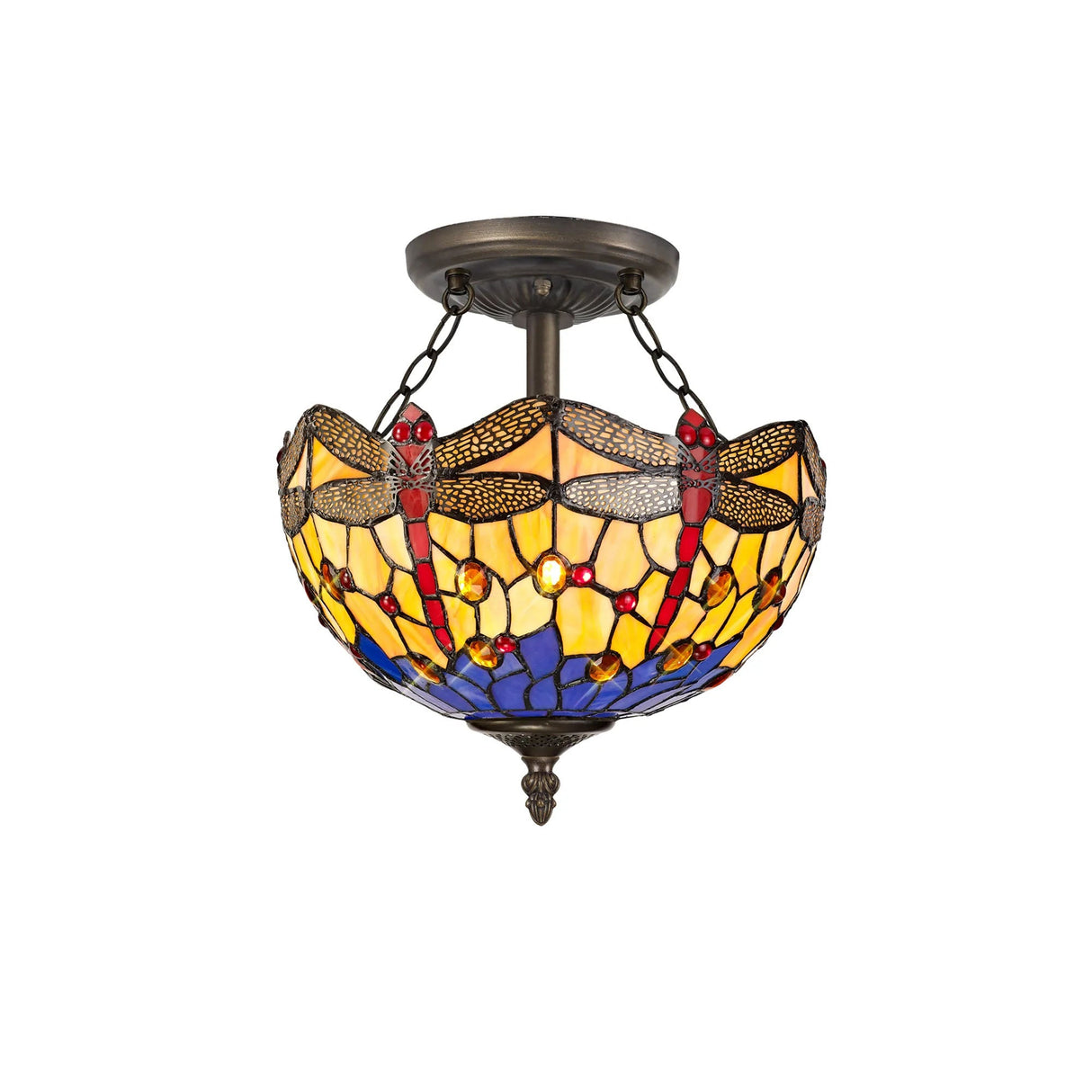Hinnigan 2 Light Semi Flush E27 With 30cm Tiffany Shade, Blue/Orange/Crystal/Aged Antique Brass