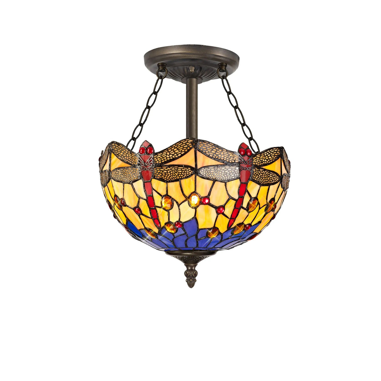 Hinnigan 3 Light Semi Flush E27 With 30cm Tiffany Shade, Blue/Orange/Crystal/Aged Antique Brass