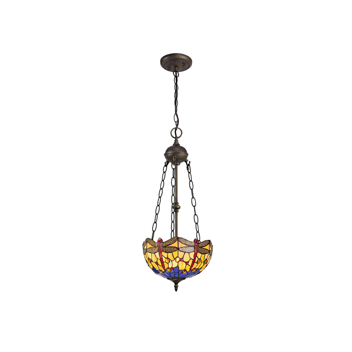 Hinnigan 2 Light Uplighter Pendant E27 With 30cm Tiffany Shade, Blue/Orange/Crystal/Aged Antique Brass