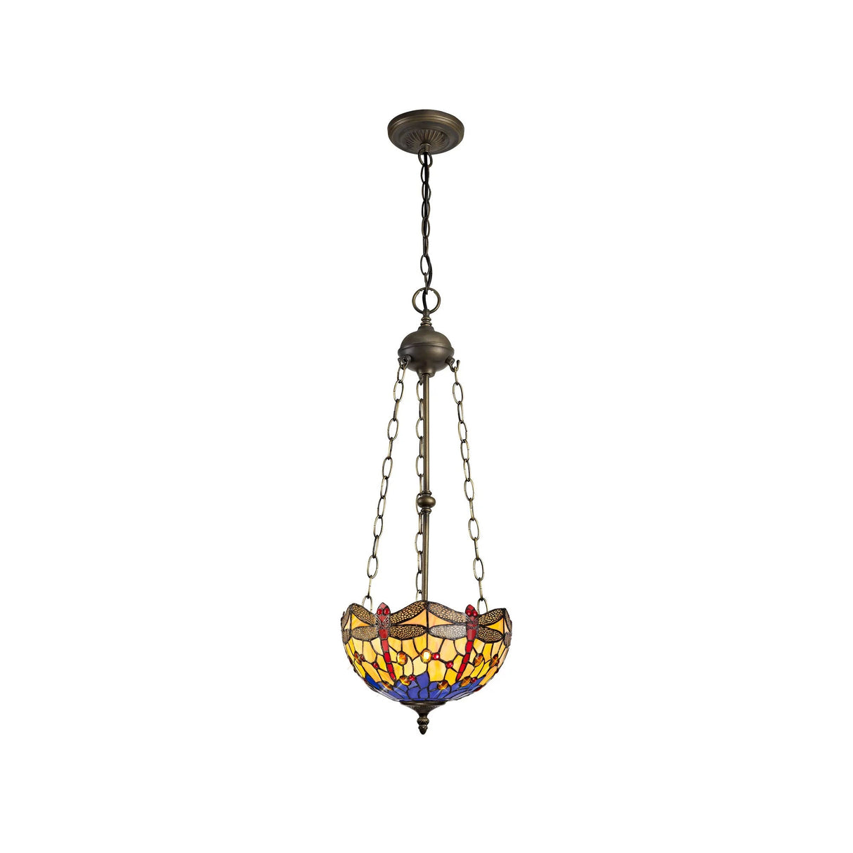 Hinnigan 3 Light Uplighter Pendant E27 With 30cm Tiffany Shade, Blue/Orange/Crystal/Aged Antique Brass
