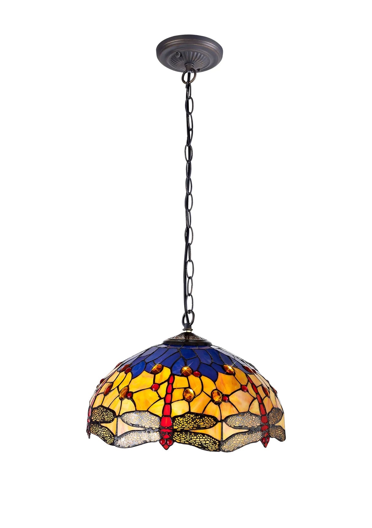 Hinnigan 1 Light Downlighter Pendant E27 With 40cm Tiffany Shade, Blue/Orange/Crystal/Aged Antique Brass