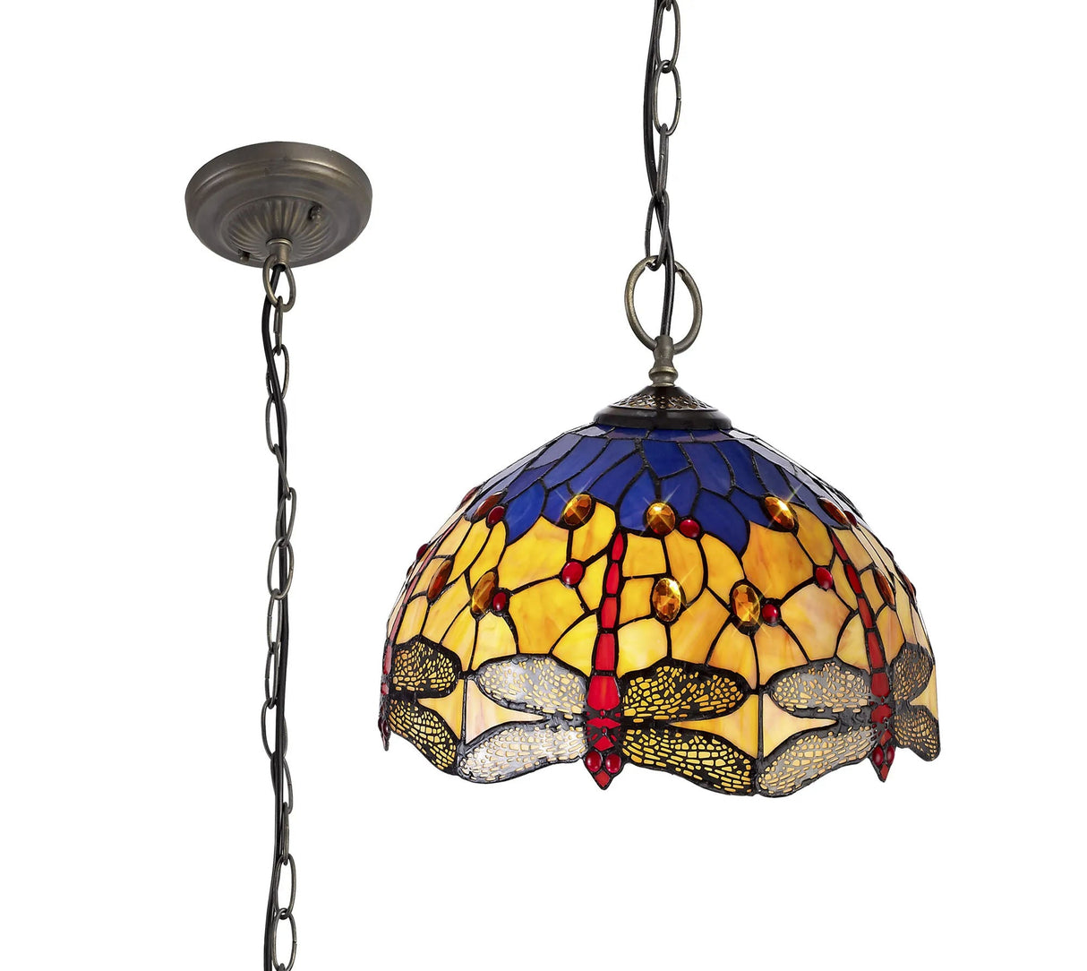 Hinnigan 3 Light Downlighter Pendant E27 With 40cm Tiffany Shade, Blue/Orange/Crystal/Aged Antique Brass