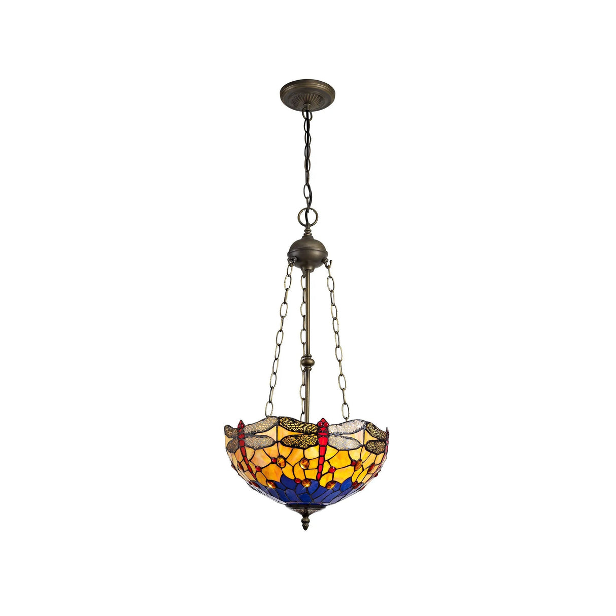 Hinnigan 3 Light Uplighter Pendant E27 With 40cm Tiffany Shade, Blue/Orange/Crystal/Aged Antique Brass
