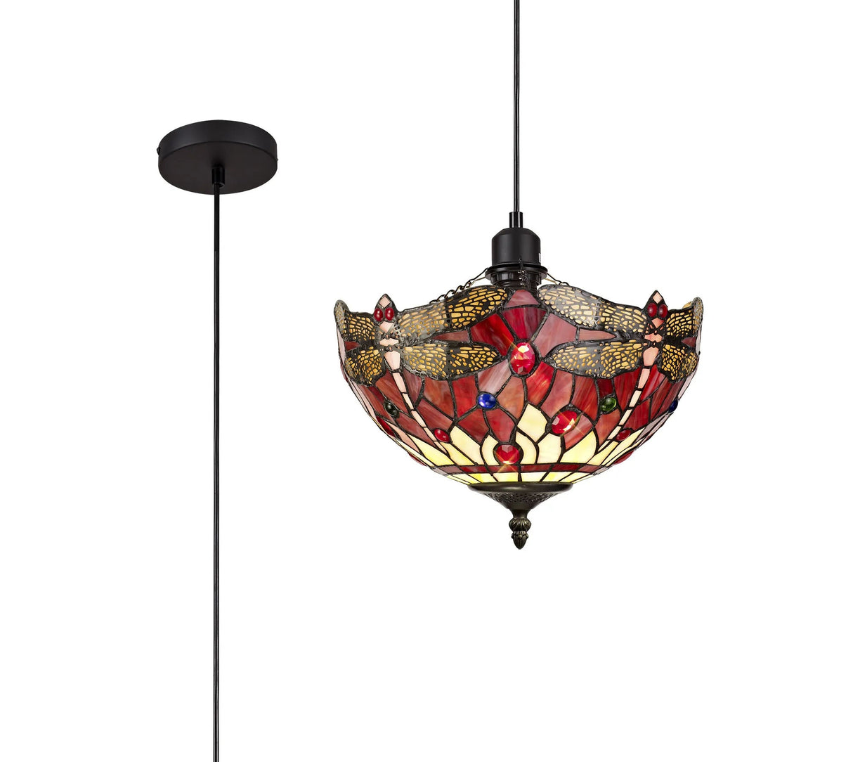 Hinnigan 1 Light Uplighter Pendant E27 With 30cm Tiffany Shade, Purple/Pink/Crystal/Black