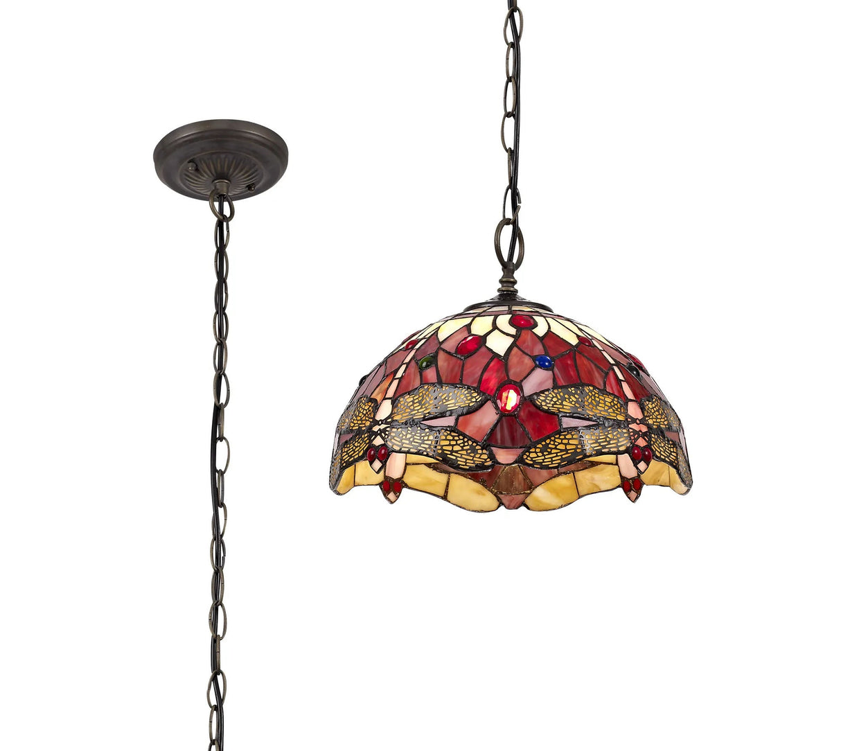 Hinnigan 1 Light Downlighter Pendant E27 With 30cm Tiffany Shade, Purple/Pink/Crystal/Aged Antique Brass
