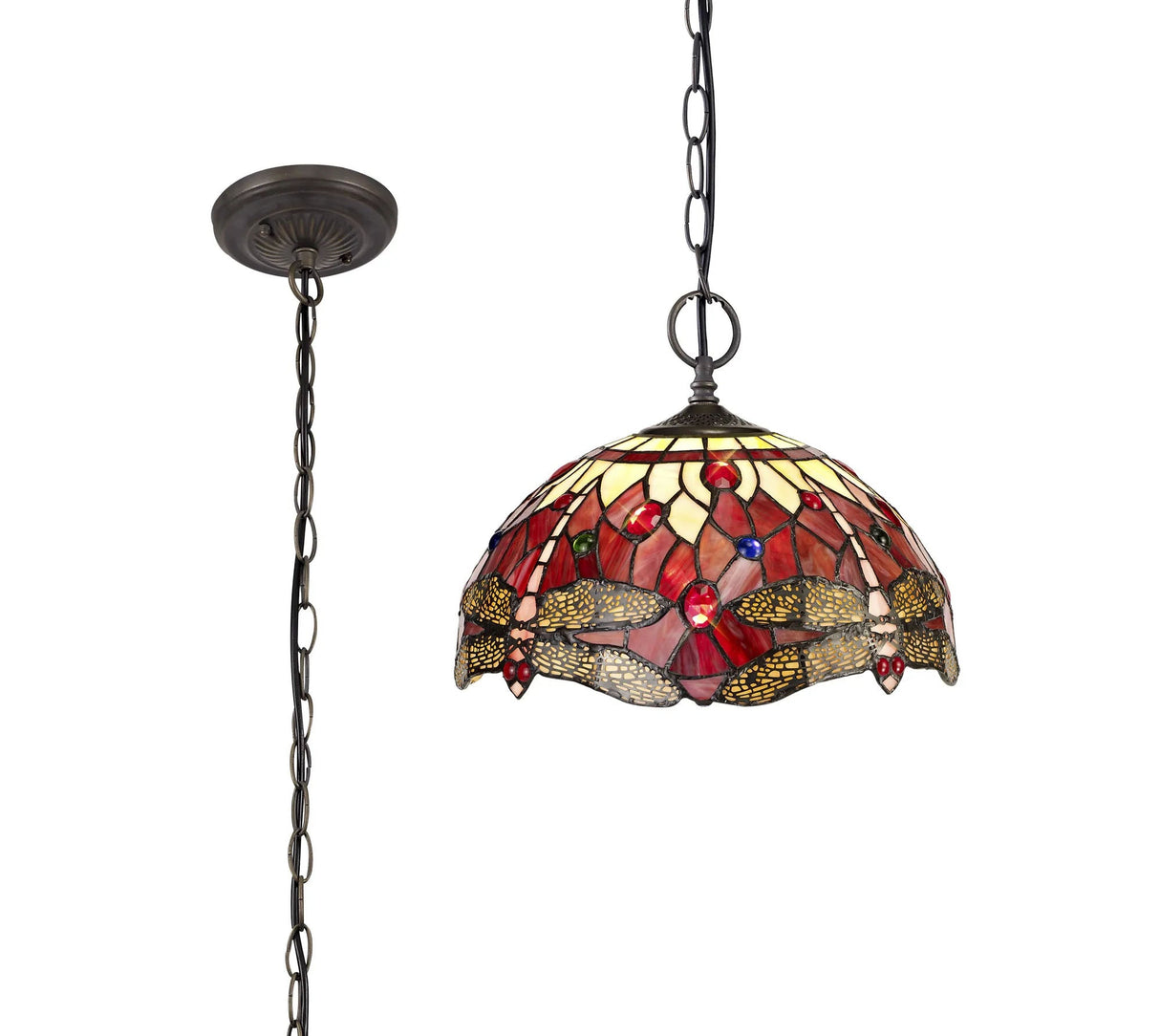 Hinnigan 2 Light Downlighter Pendant E27 With 30cm Tiffany Shade, Purple/Pink/Crystal/Aged Antique Brass