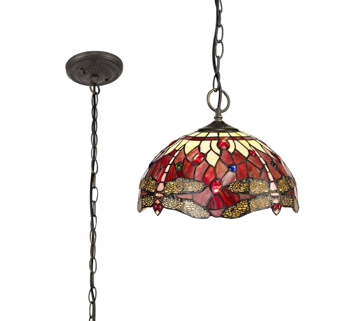 Hinnigan 3 Light Downlighter Pendant E27 With 30cm Tiffany Shade, Purple/Pink/Crystal/Aged Antique Brass