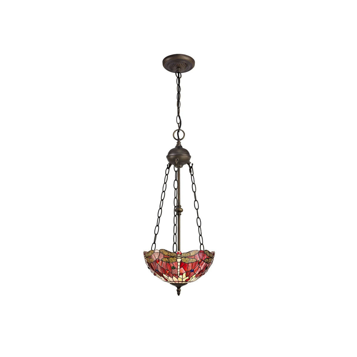 Hinnigan 2 Light Uplighter Pendant E27 With 30cm Tiffany Shade, Purple/Pink/Crystal/Aged Antique Brass