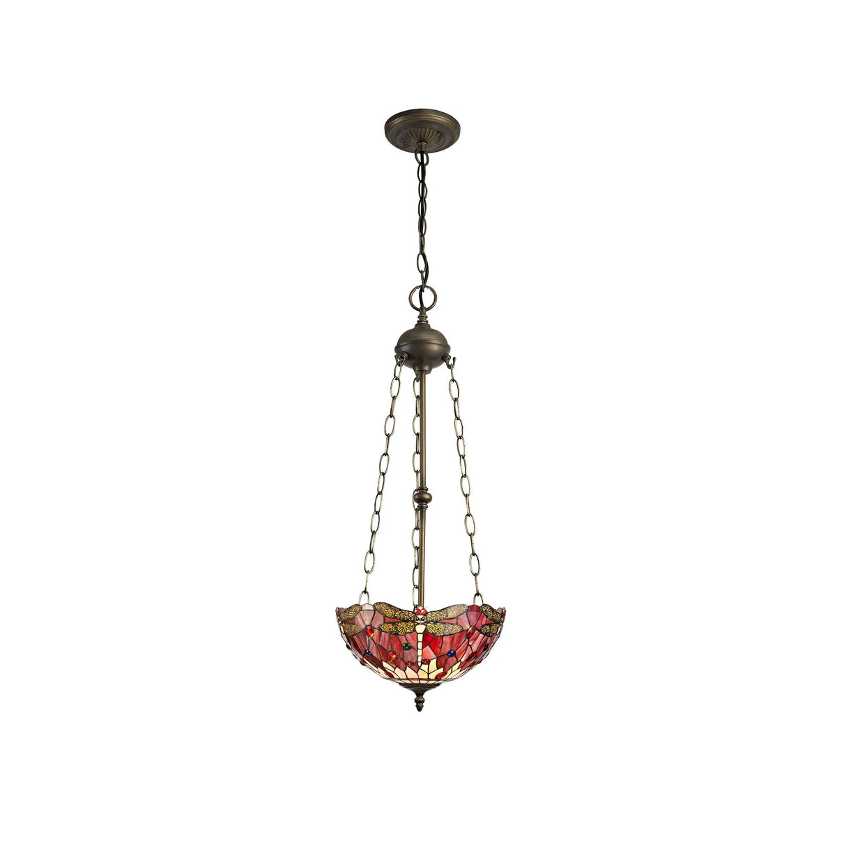 Hinnigan 3 Light Uplighter Pendant E27 With 30cm Tiffany Shade, Purple/Pink/Crystal/Aged Antique Brass