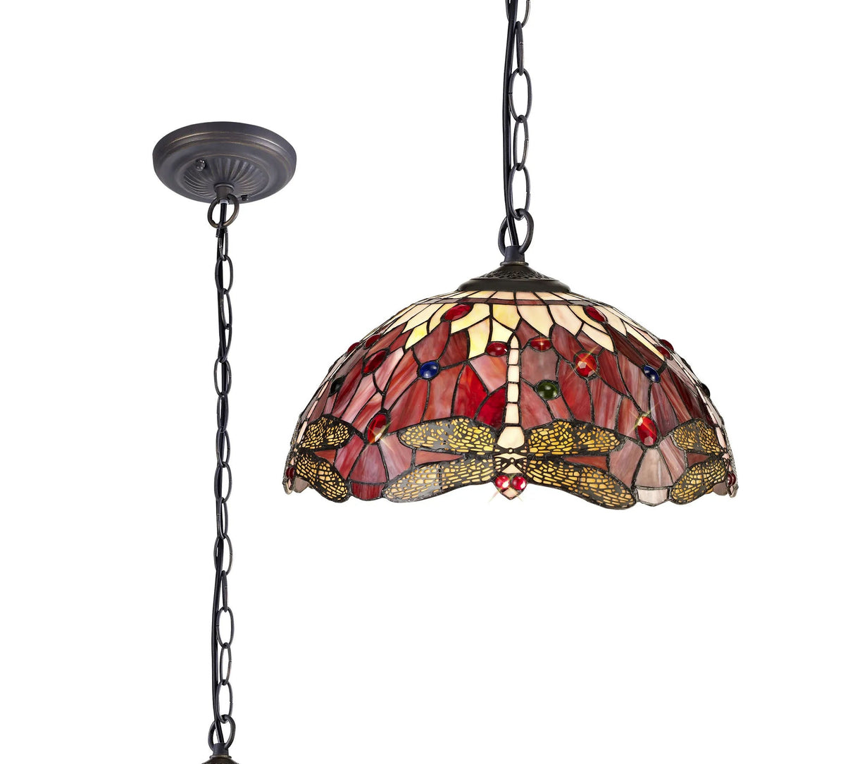 Hinnigan 1 Light Downlighter Pendant E27 With 40cm Tiffany Shade, Purple/Pink/Crystal/Aged Antique Brass