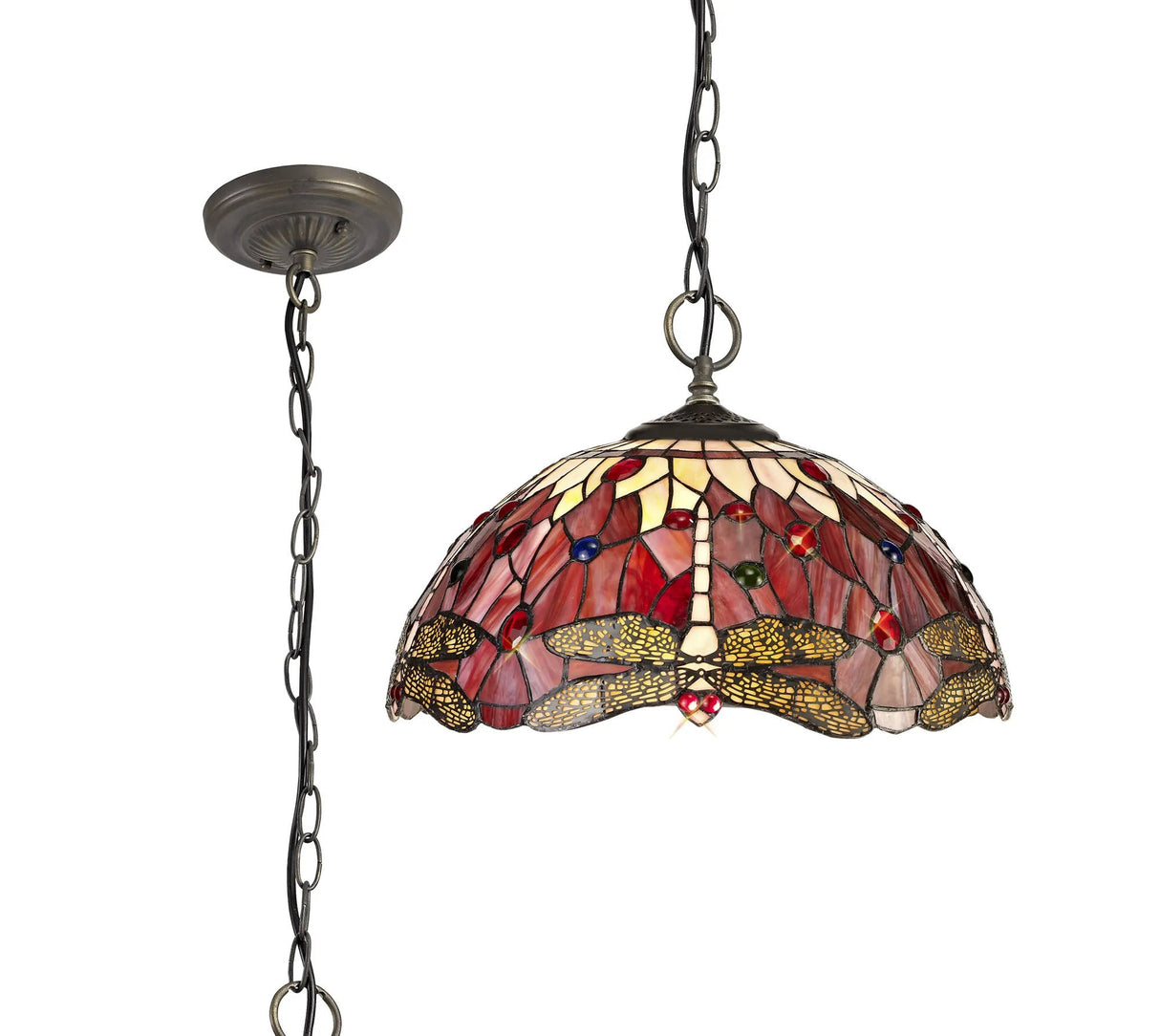 Hinnigan 3 Light Downlighter Pendant E27 With 40cm Tiffany Shade, Purple/Pink/Crystal/Aged Antique Brass