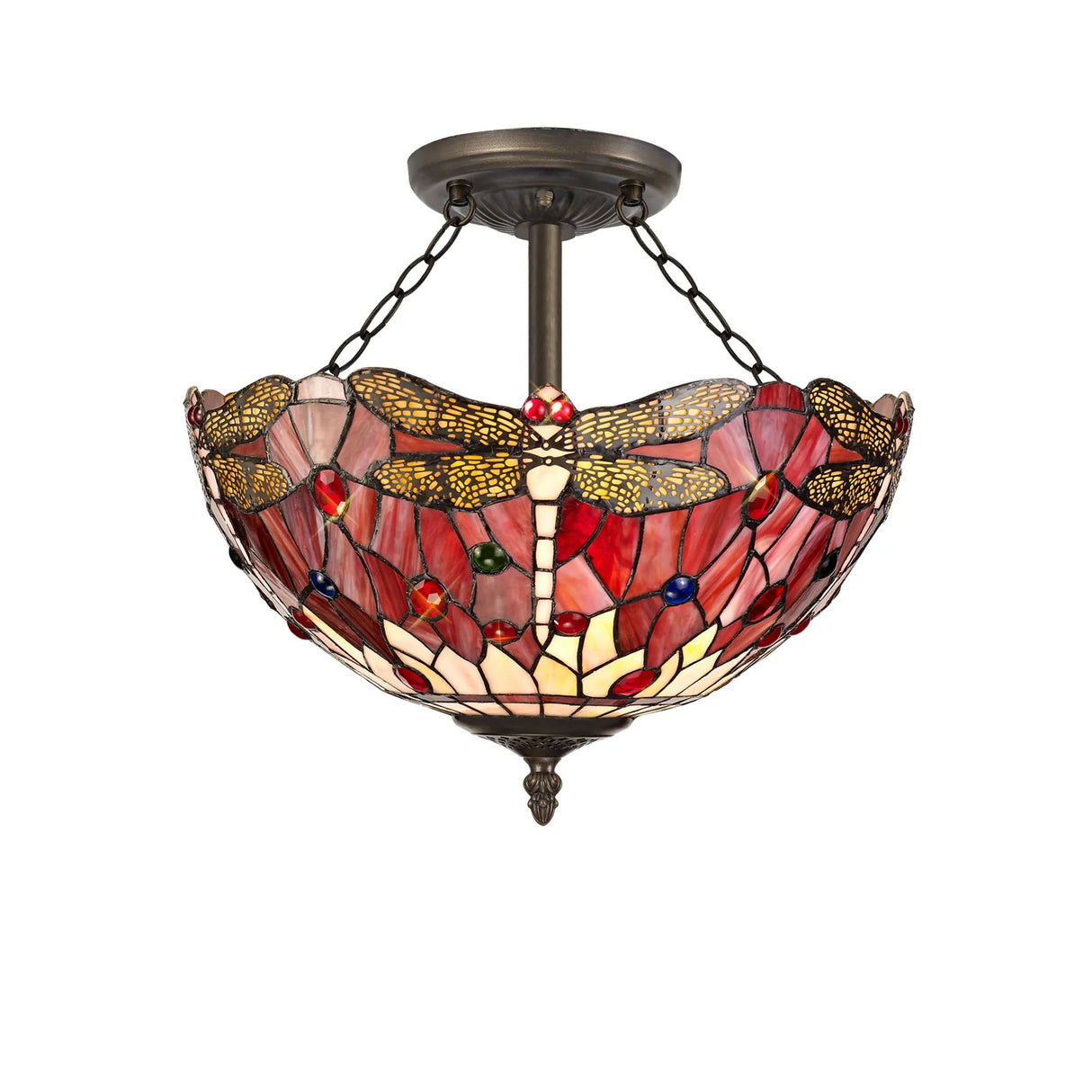 Hinnigan 3 Light Semi Flush E27 With 40cm Tiffany Shade, Purple/Pink/Crystal/Aged Antique Brass