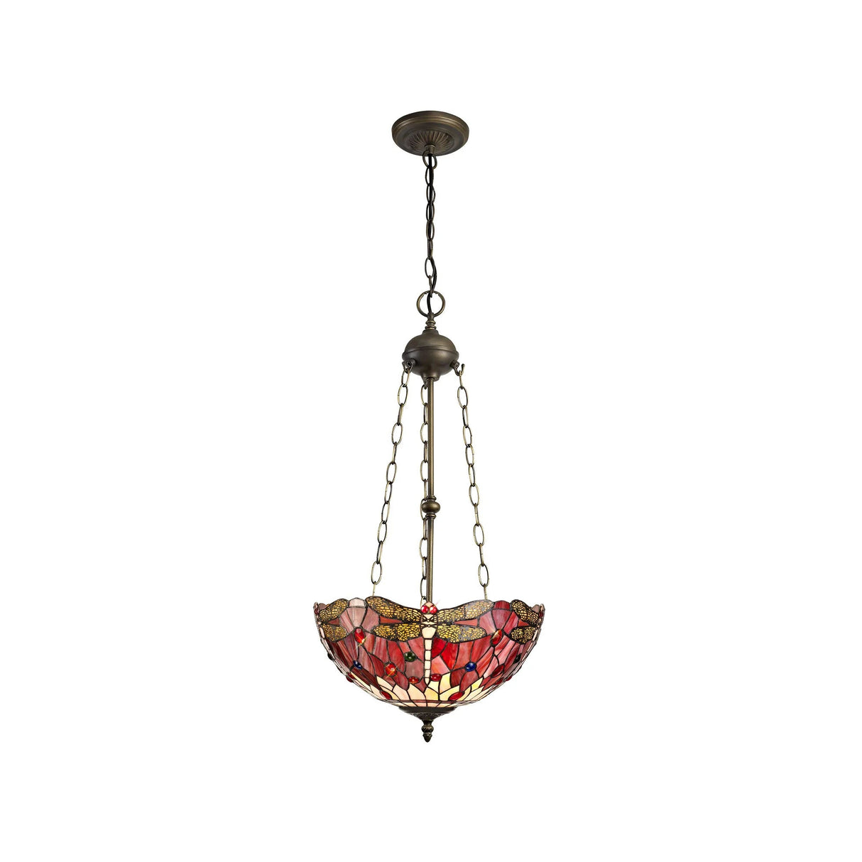 Hinnigan 3 Light Uplighter Pendant E27 With 40cm Tiffany Shade, Purple/Pink/Crystal/Aged Antique Brass