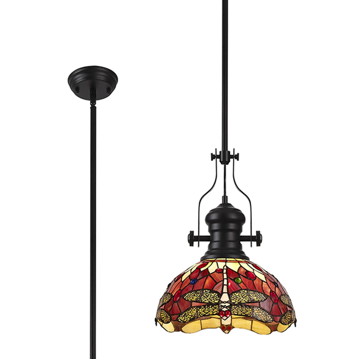 Hinnigan 1 Light Pendant E27 With 30cm Tiffany Shade, Matt Black/Purple/Pink/Crystal