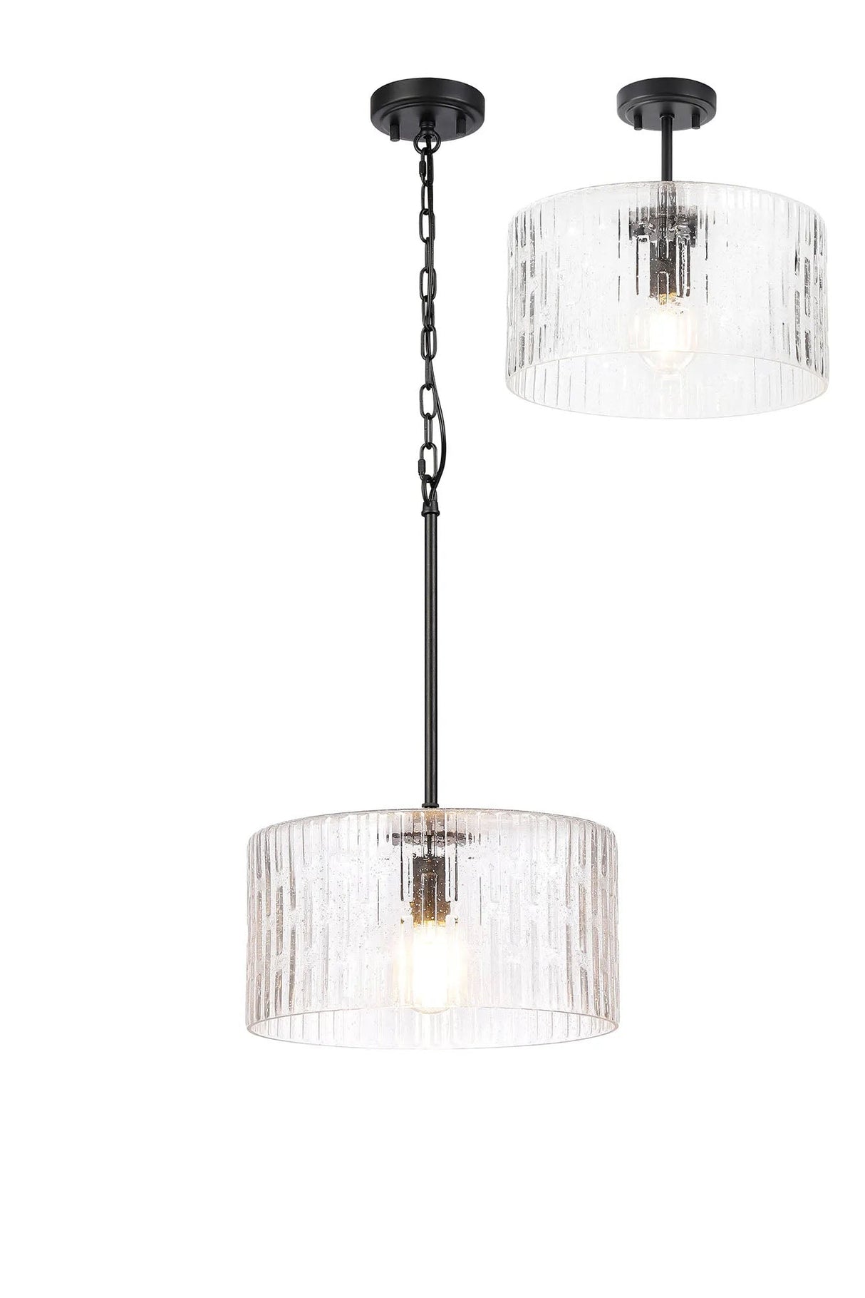 Hitchens Satin Black Pendant/Semi Flush/Semi Flush 1 x E27 With Drum Ribbed Glass (B)