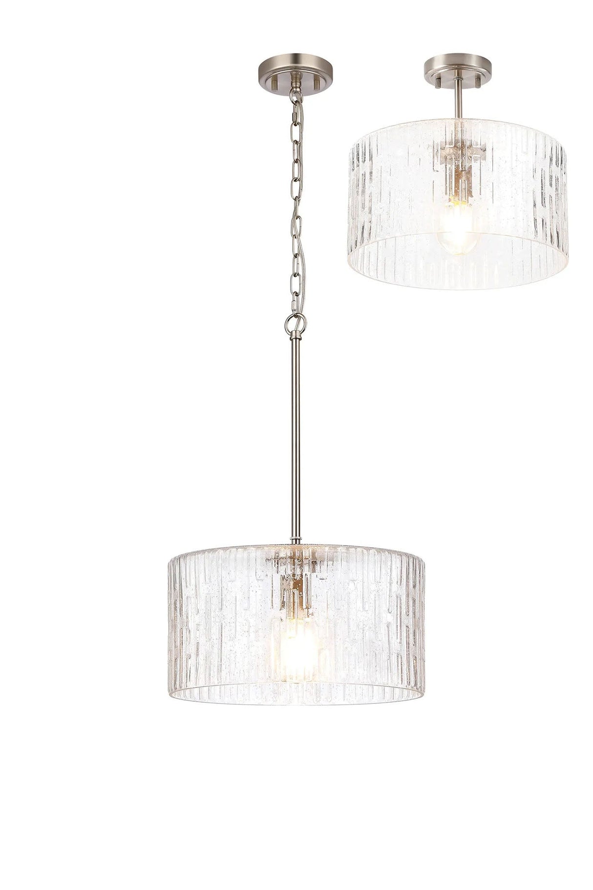 Hitchens Satin Nickel Pendant/Semi Flush/Semi Flush 1 x E27 With Drum Ribbed Glass (B)