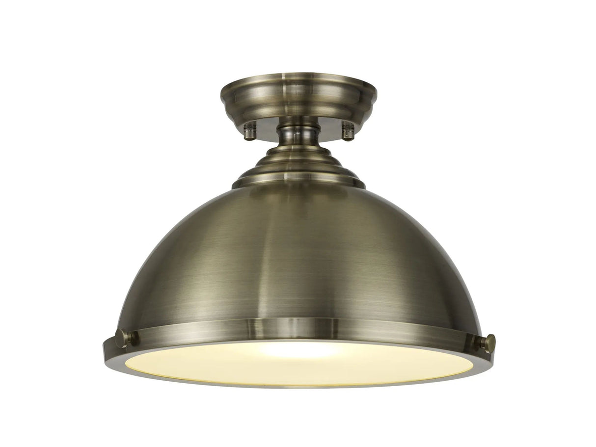 Holloway 1 Light Flush Ceiling E27 With Round 31cm Metal Shade Antique Brass/Frosted White