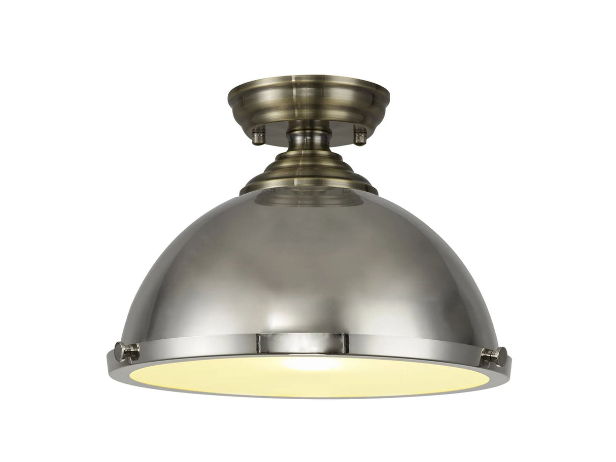 Holloway 1 Light Flush Ceiling E27 With Round 31cm Metal Shade Antique Brass/Polished Nickel/Frosted White