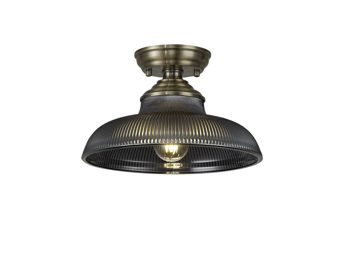 Holloway 1 Light Flush Ceiling E27 With Round 30cm Glass Shade Antique Brass/Smoked
