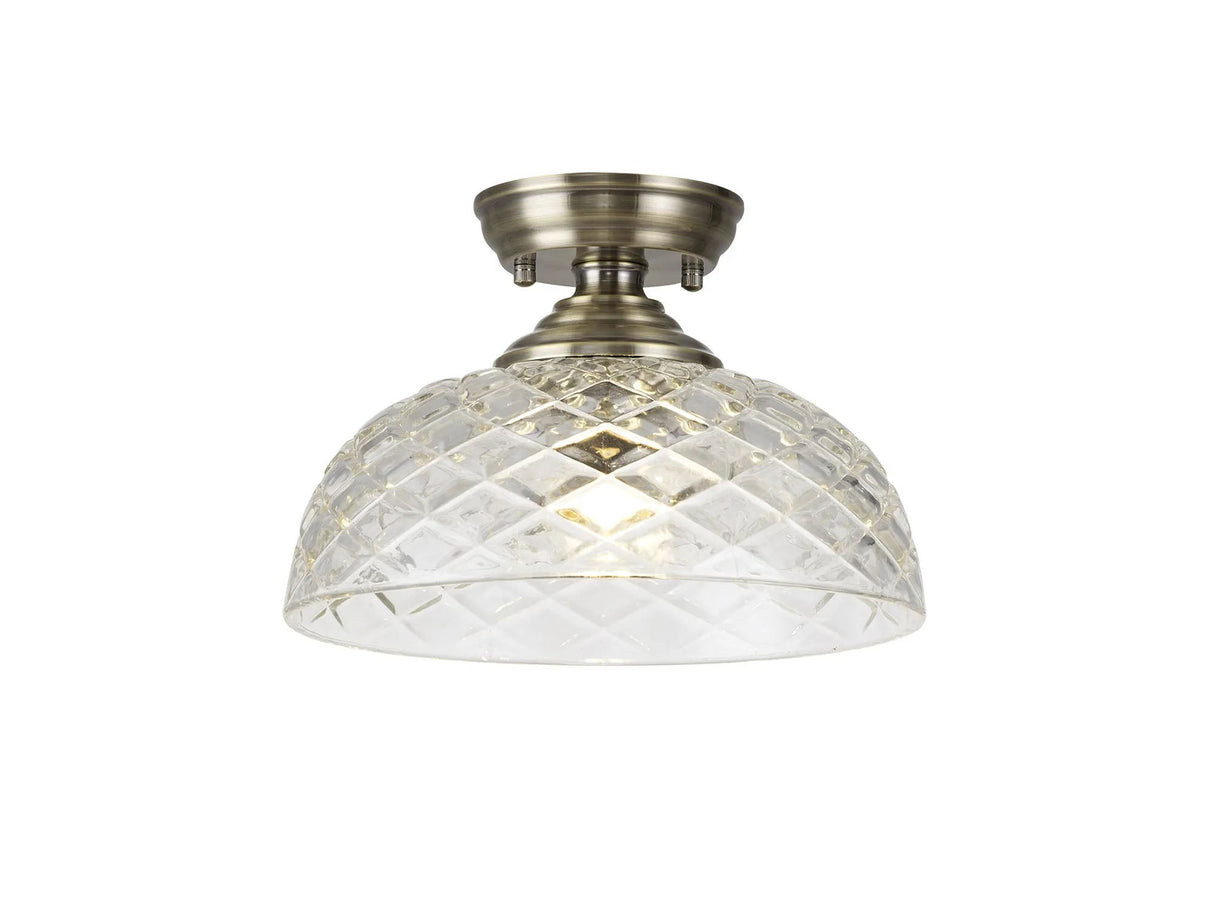 Holloway 1 Light Flush Ceiling E27 With Flat Round 30cm Patterned Glass Shade Antique Brass/Clear