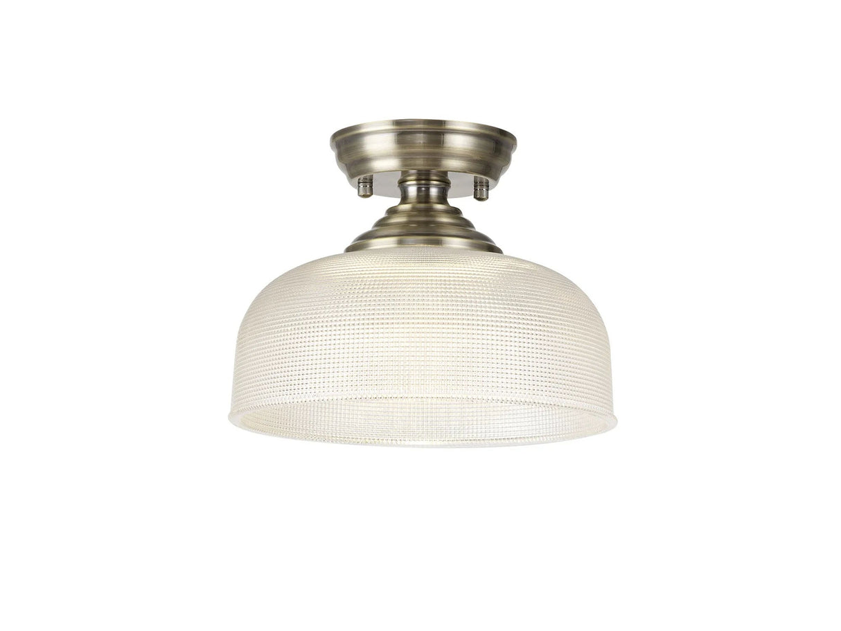 Holloway 1 Light Flush Ceiling E27 With Round 26.5cm Prismatic Effect Glass Shade Antique Brass/Clear