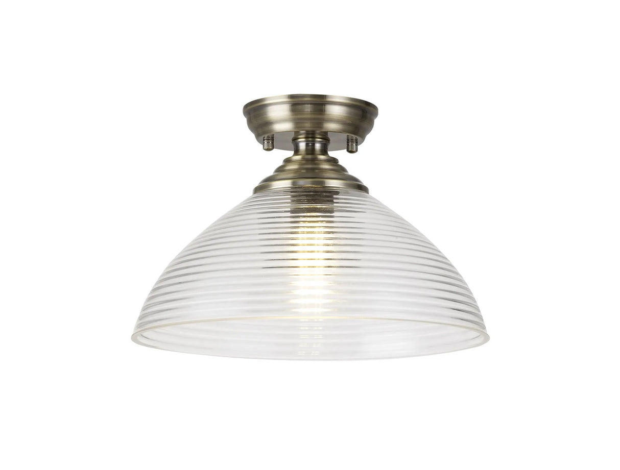 Holloway 1 Light Flush Ceiling E27 With Round 33.5cm Prismatic Effect Glass Shade Antique Brass/Clear