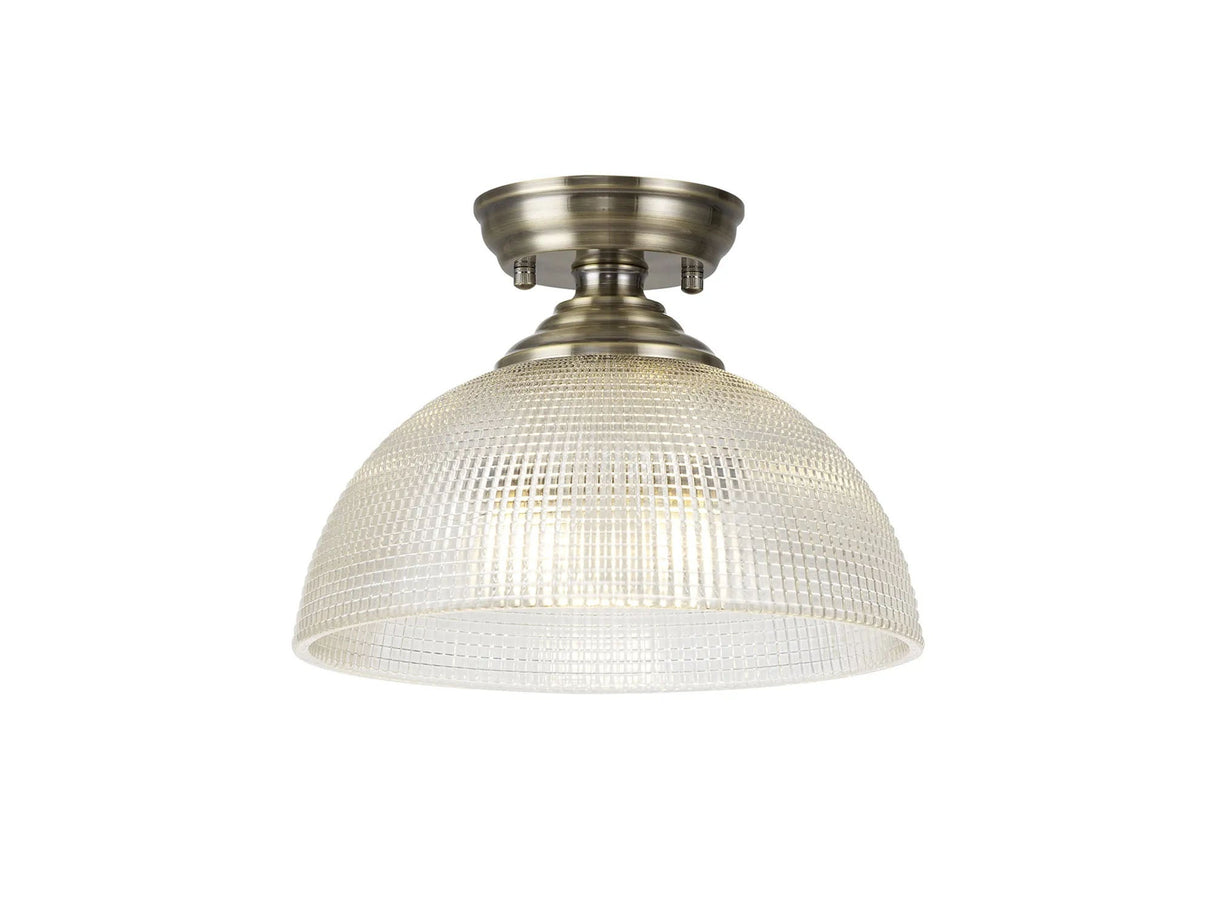 Holloway 1 Light Flush Ceiling E27 With Round 30cm Prismatic Effect Glass Shade Antique Brass/Clear