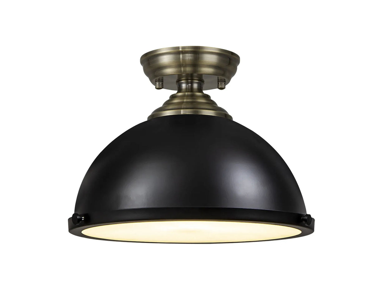 Holloway 1 Light Flush Ceiling E27 With Round 31cm Metal Shade Antique Brass/Matt Black/Frosted White