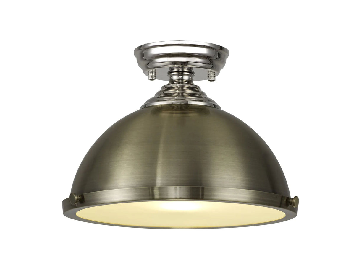 Holloway 1 Light Flush Ceiling E27 With Round 31cm Metal Shade Polished Nickel/Antique Brass/Frosted White