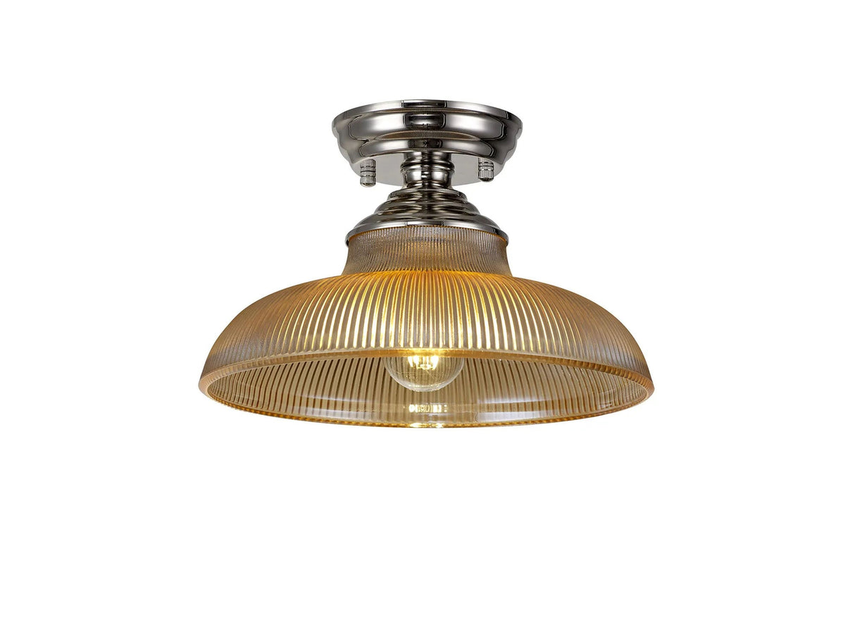 Holloway 1 Light Flush Ceiling E27 With Round 30cm Glass Shade Polished Nickel/Amber