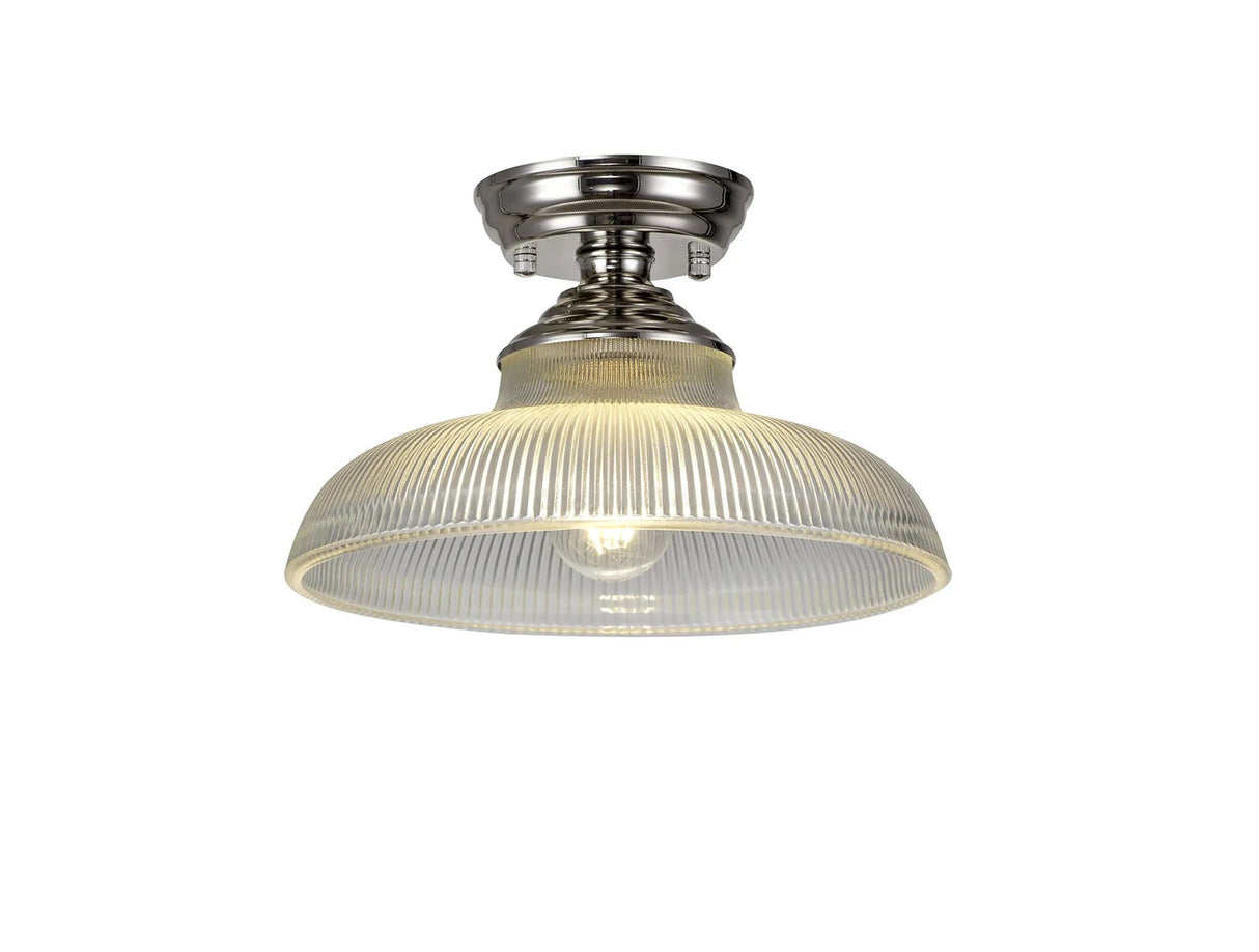 Holloway 1 Light Flush Ceiling E27 With Round 30cm Glass Shade Polished Nickel/Clear