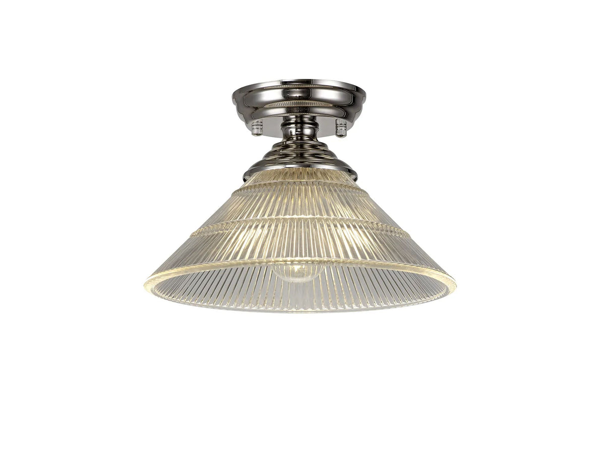 Holloway 1 Light Flush Ceiling E27 With Cone 30cm Glass Shade Polished Nickel/Clear