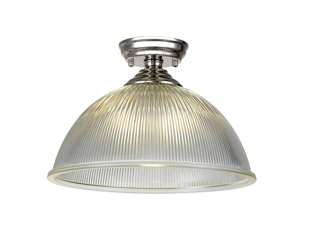 Holloway 1 Light Flush Ceiling E27 With Dome 38cm Glass Shade Polished Nickel/Clear