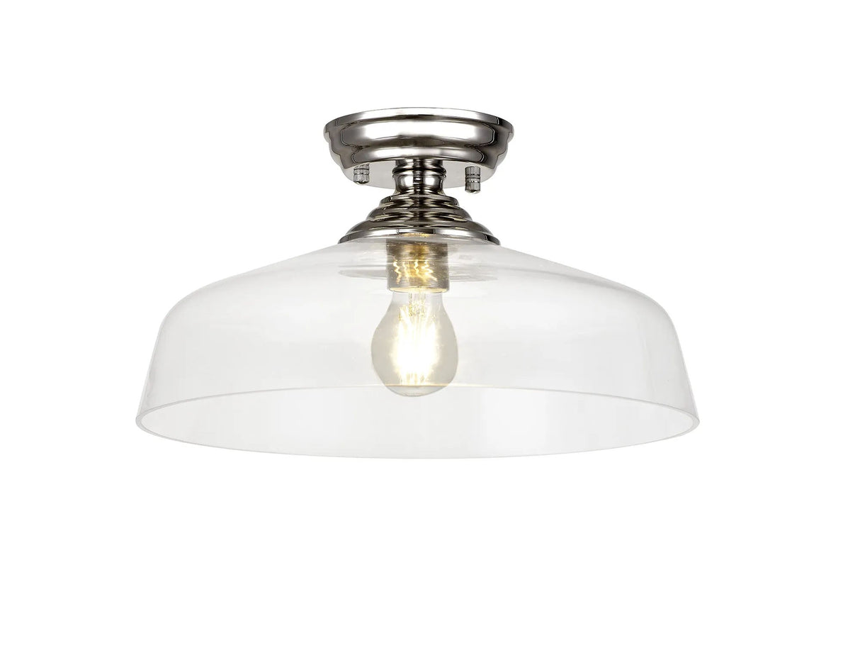 Holloway 1 Light Flush Ceiling E27 With Flat Round 38cm Glass Shade Polished Nickel/Clear