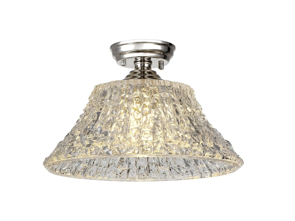 Holloway 1 Light Flush Ceiling E27 With Round 38cm Patterned Glass Shade Polished Nickel/Clear