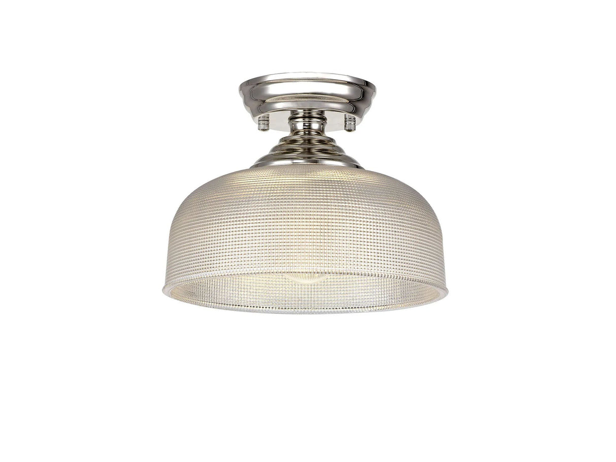 Holloway 1 Light Flush Ceiling E27 With Round 26.5cm Prismatic Effect Glass Shade Polished Nickel/Clear