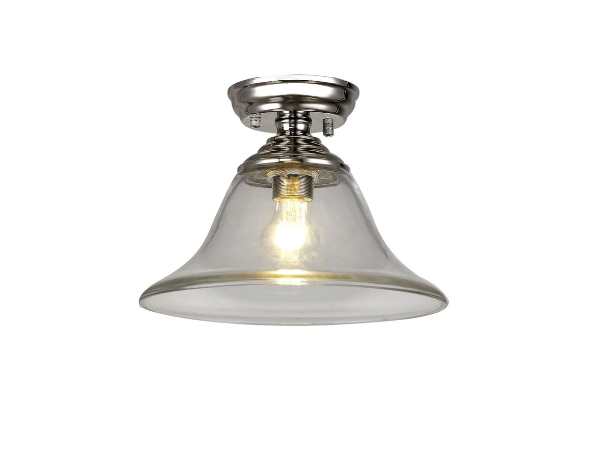 Holloway 1 Light Flush Ceiling E27 With Smooth Bell 30cm Glass Shade Polished Nickel/Clear