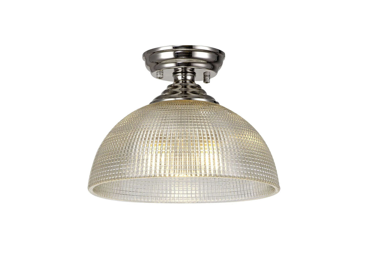Holloway 1 Light Flush Ceiling E27 With Round 30cm Prismatic Effect Glass Shade Polished Nickel/Clear