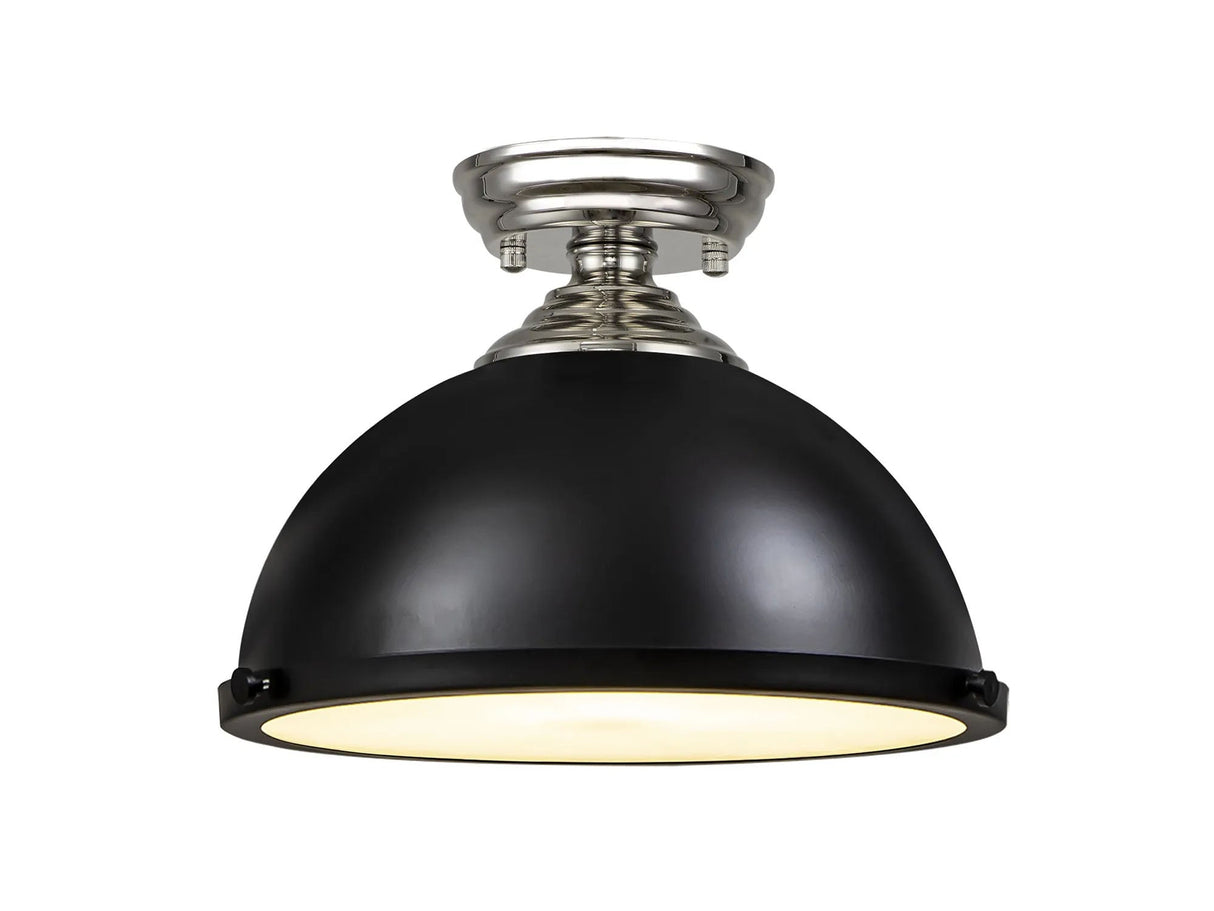 Holloway 1 Light Flush Ceiling E27 With Round 31cm Metal Shade Polished Nickel/Matt Black/Frosted White