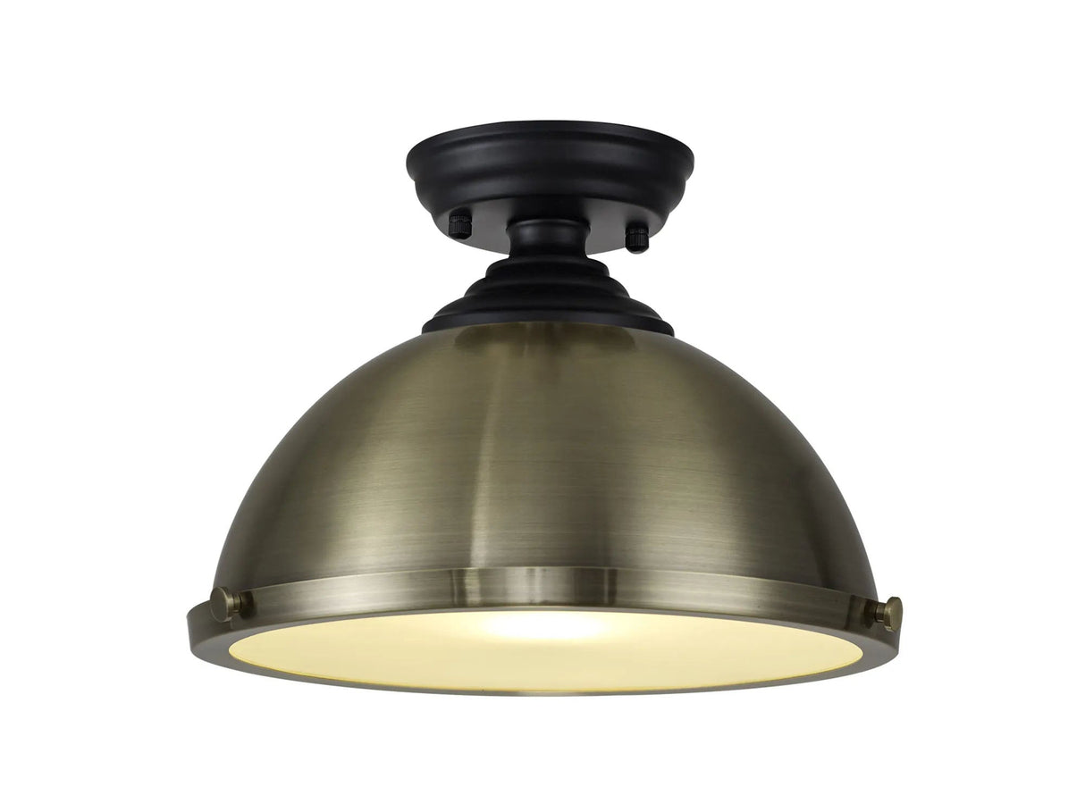 Holloway 1 Light Flush Ceiling E27 With Round 31cm Metal Shade Matt Black/Antique Brass/Frosted White
