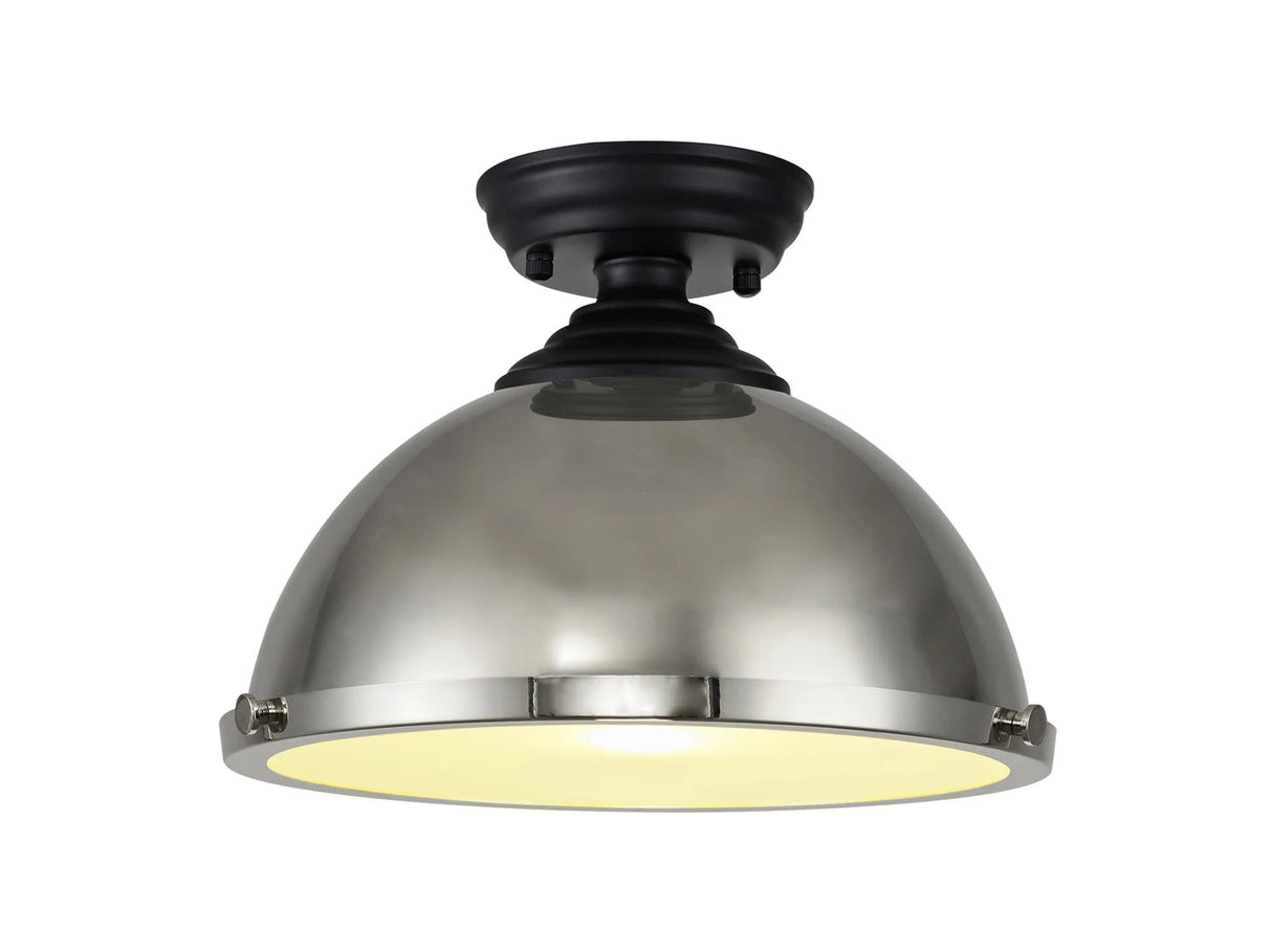 Holloway 1 Light Flush Ceiling E27 With Round 31cm Metal Shade Matt Black/Polished Nickel/Frosted White