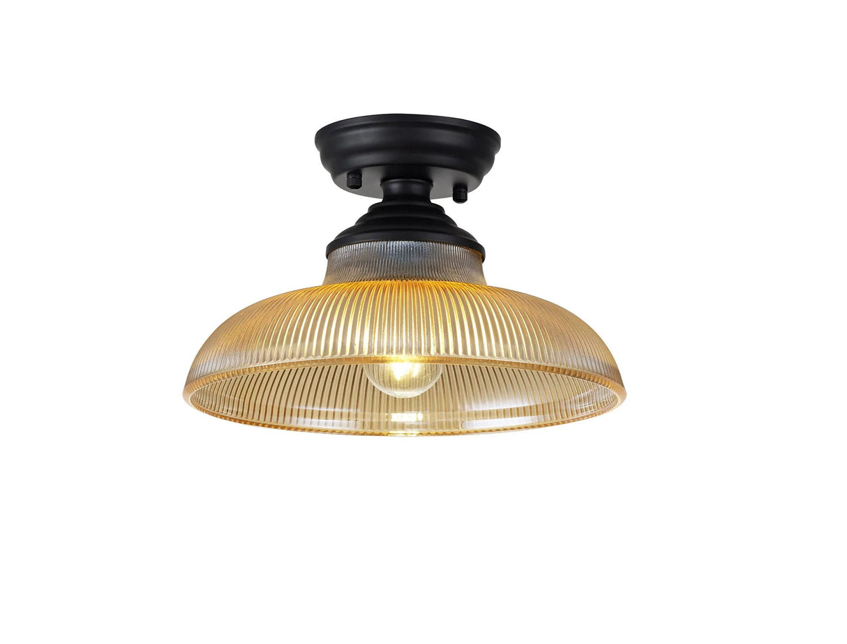Holloway 1 Light Flush Ceiling E27 With Round 30cm Glass Shade Matt Black/Amber