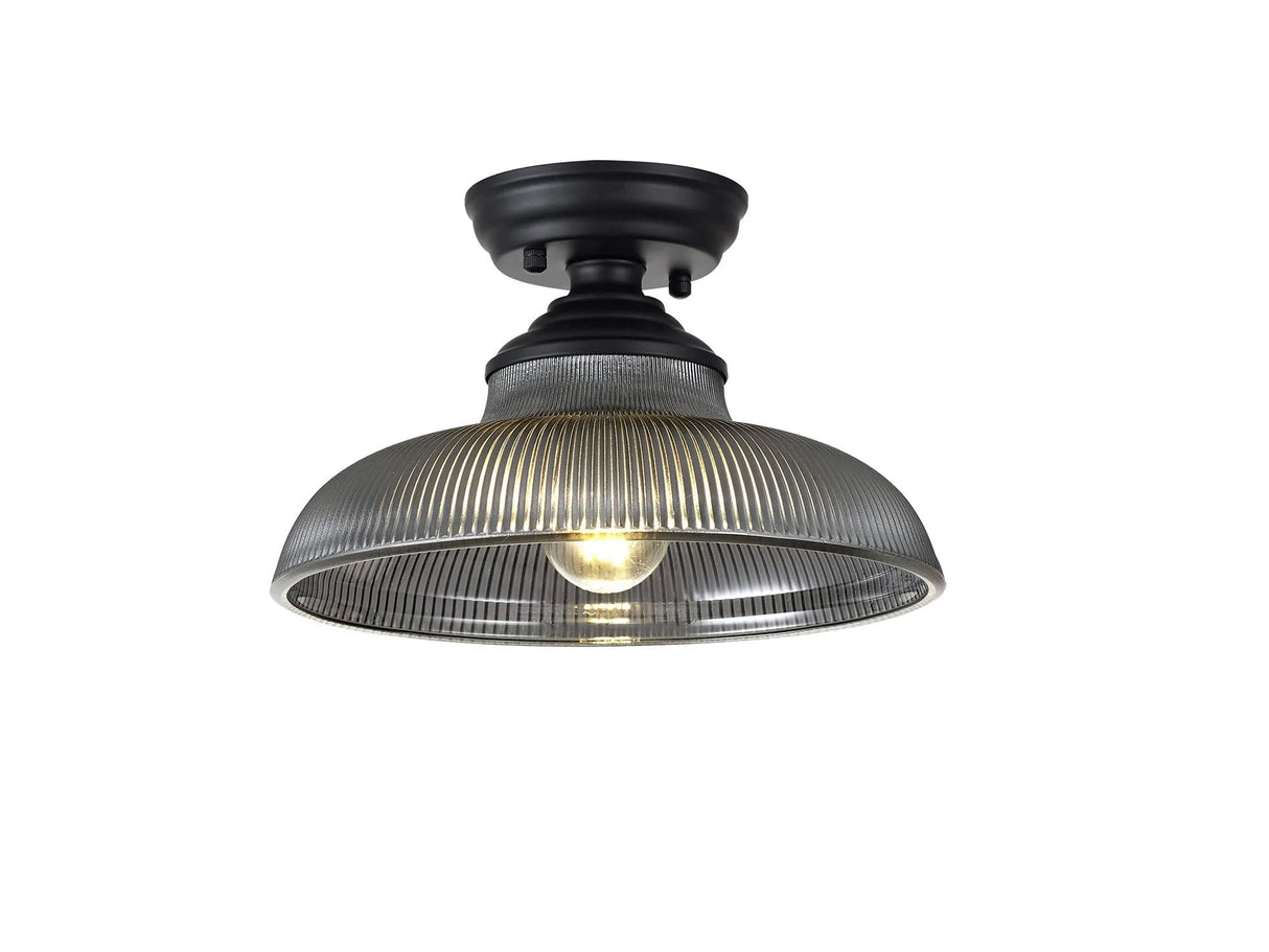 Holloway 1 Light Flush Ceiling E27 With Round 30cm Glass Shade Matt Black/Smoked