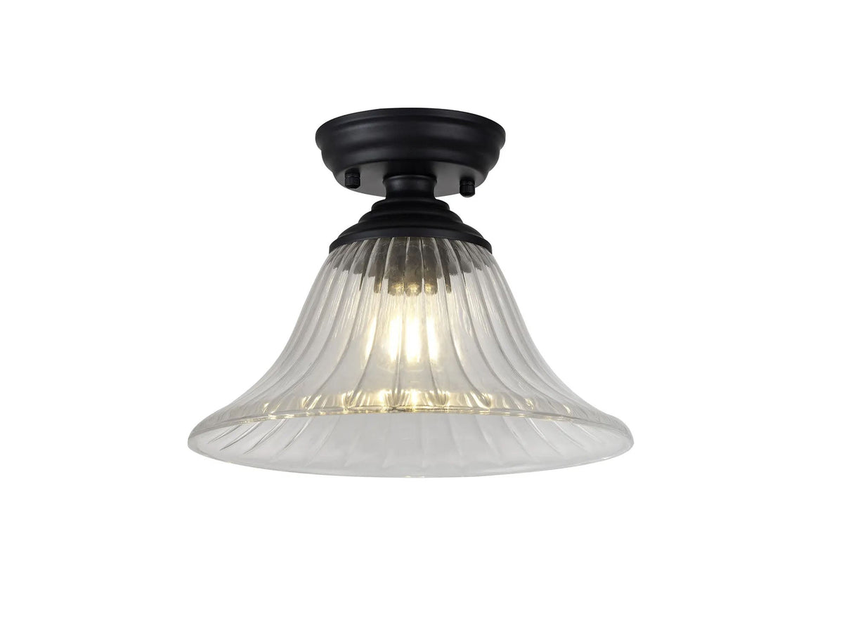 Holloway 1 Light Flush Ceiling E27 With Bell 30cm Glass Shade Matt Black/Clear