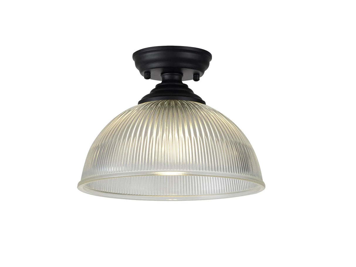 Holloway 1 Light Flush Ceiling E27 With Dome 30cm Glass Shade Matt Black/Clear