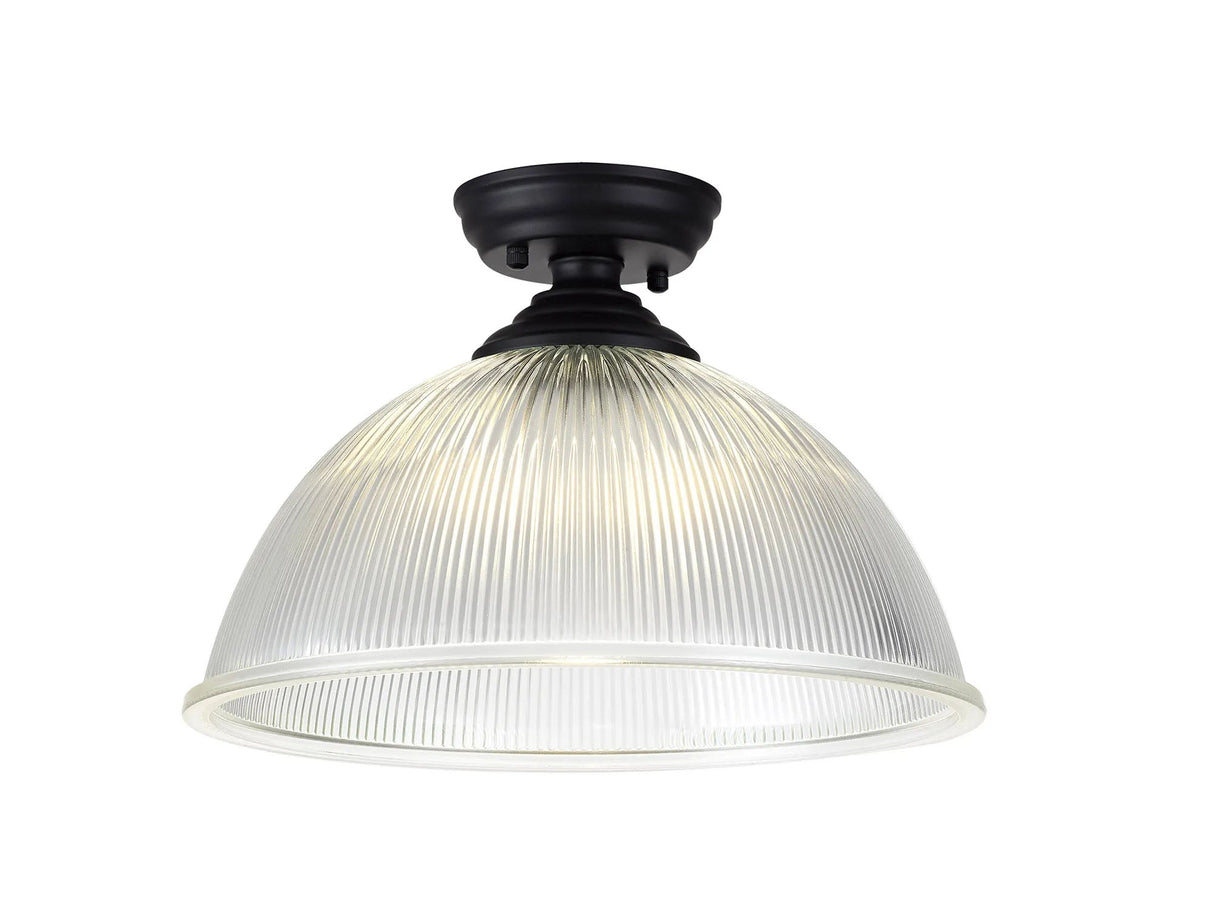 Holloway 1 Light Flush Ceiling E27 With Dome 38cm Glass Shade Matt Black/Clear