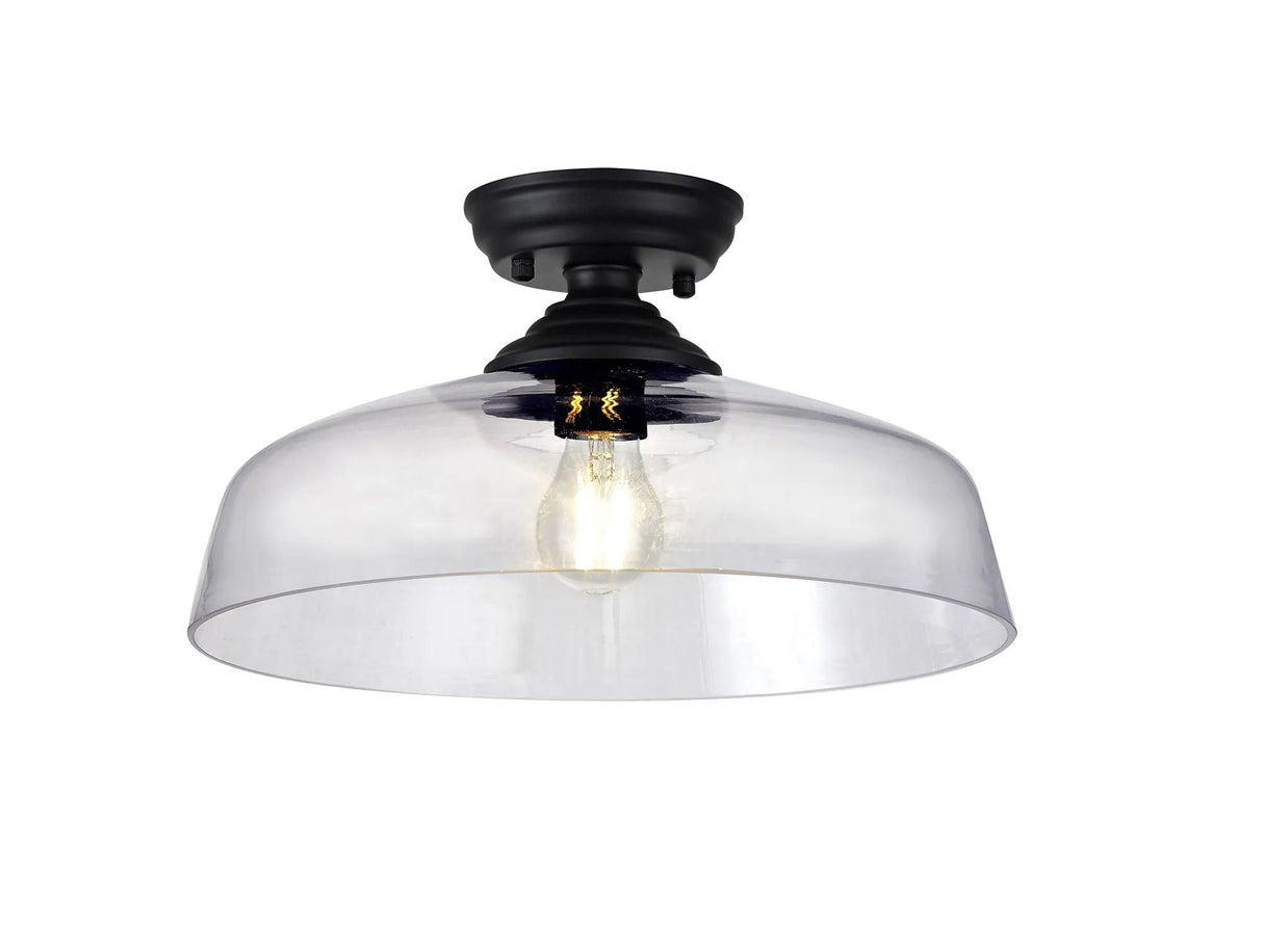 Holloway 1 Light Flush Ceiling E27 With Flat Round 38cm Glass Shade Matt Black/Clear