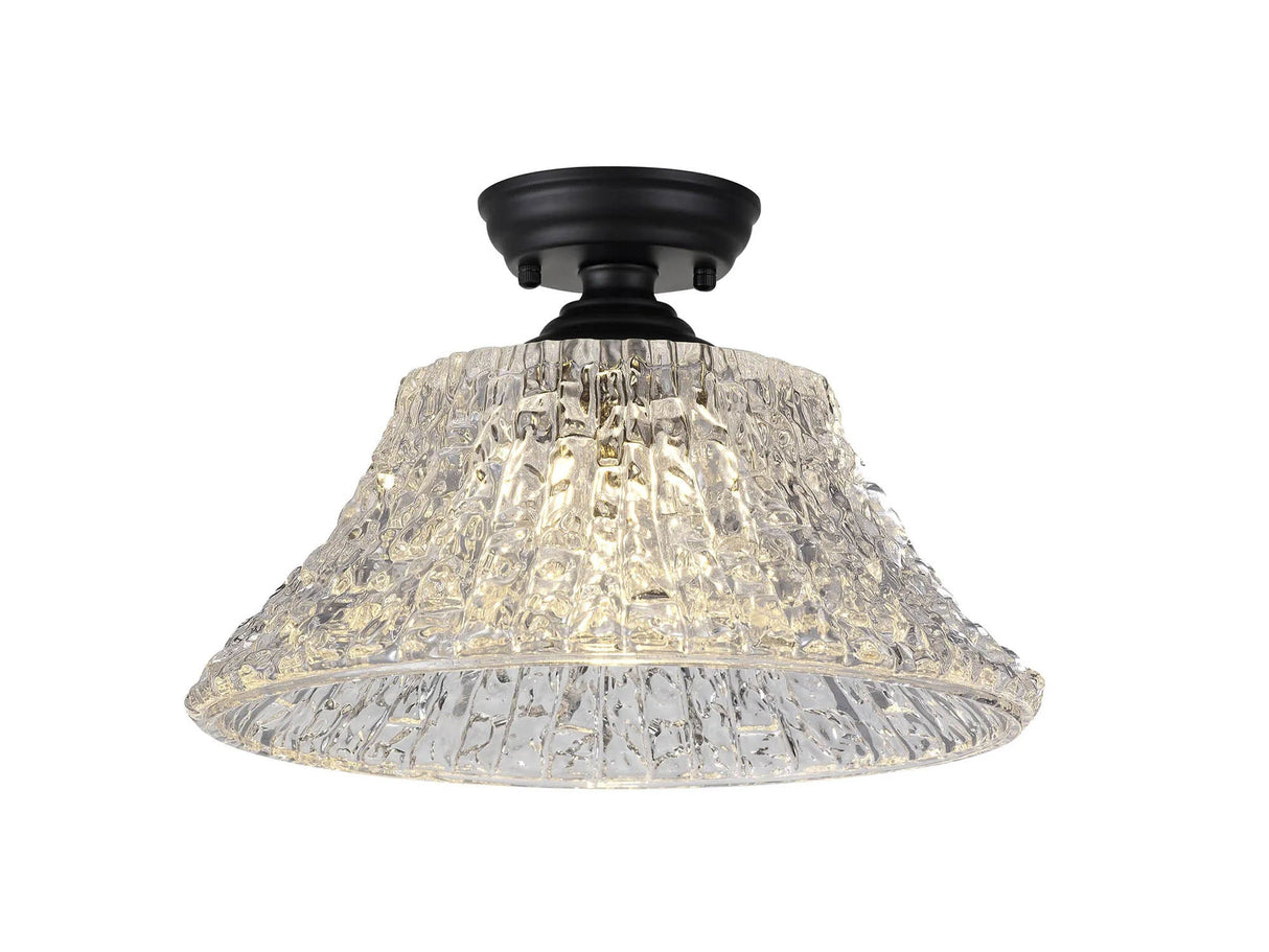 Holloway 1 Light Flush Ceiling E27 With Round 38cm Patterned Glass Shade Matt Black/Clear