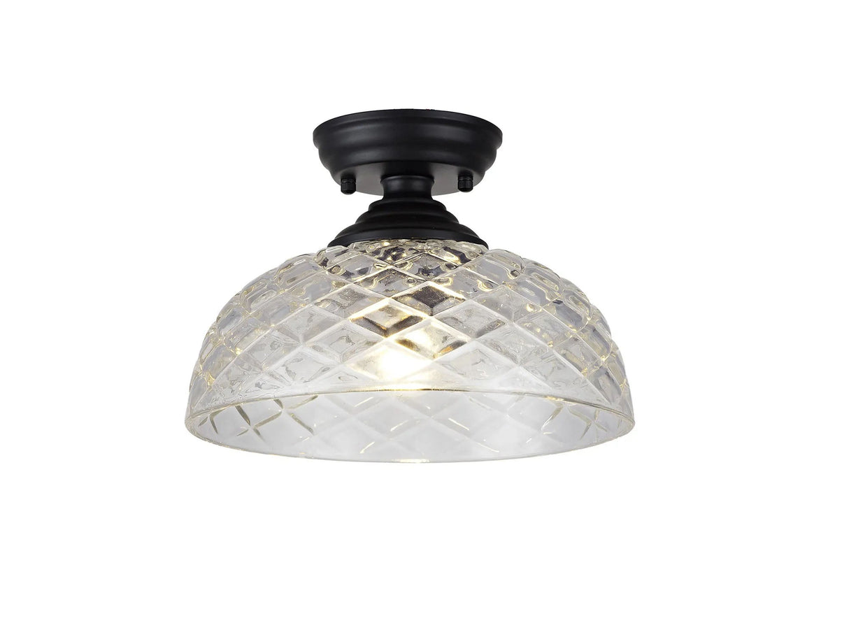 Holloway 1 Light Flush Ceiling E27 With Flat Round 30cm Patterned Glass Shade Matt Black/Clear
